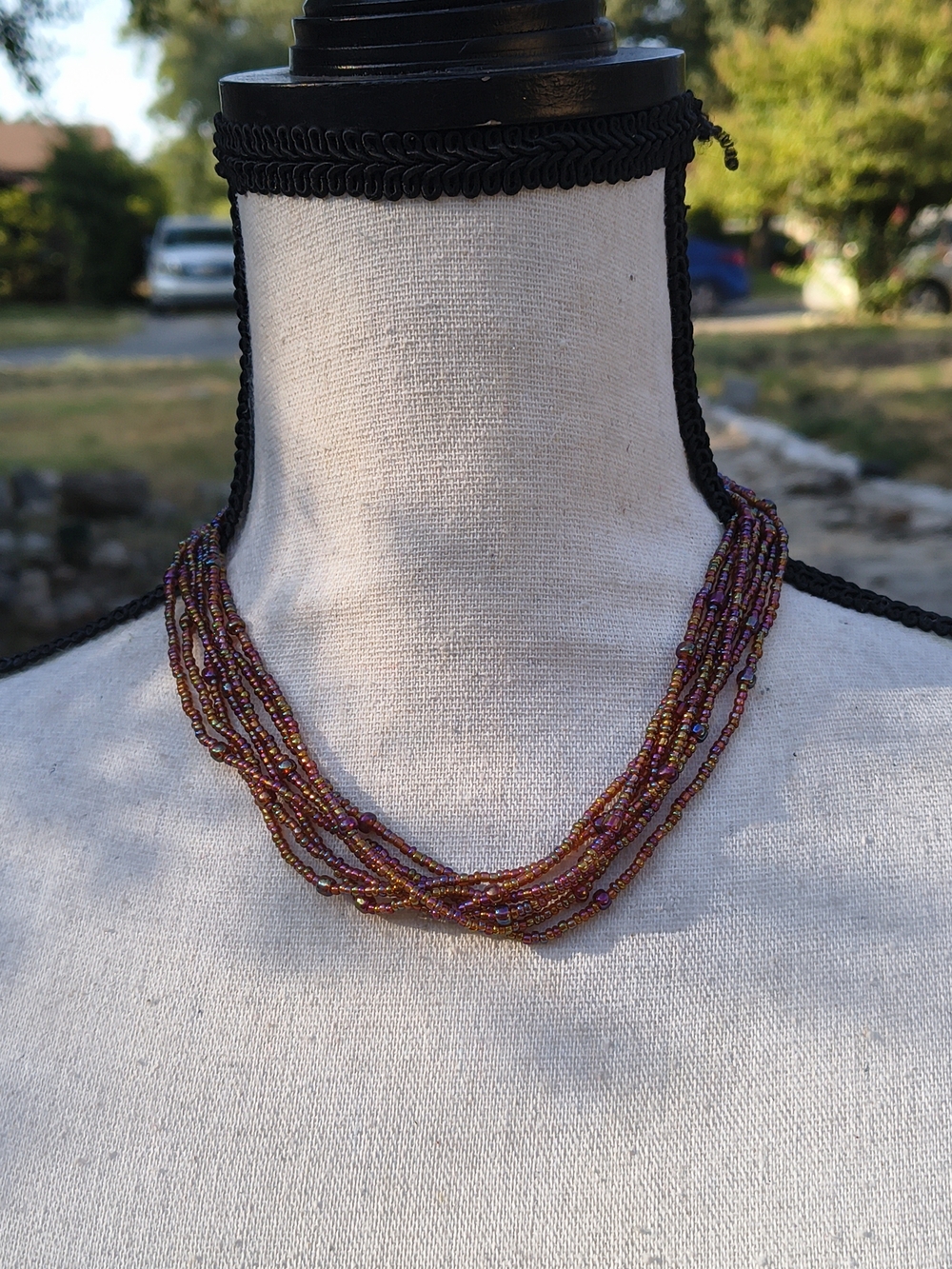 Handcrafted Multi-Strand Seed Bead Necklace in Purple and Gold